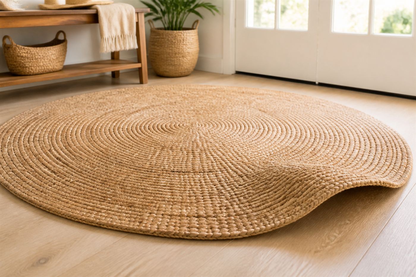 Round spiral-woven banana-fiber floor mat in an entryway